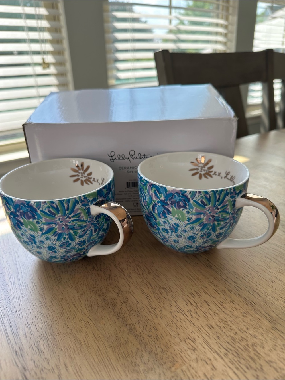 Lilly Pulitzer Blue Green Purple Floral Ceramic Mug Set with Gold Handles